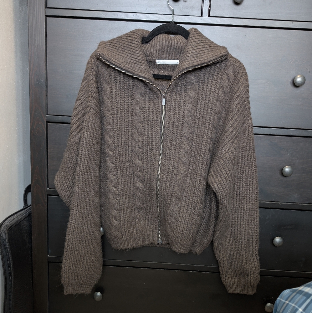 OAK + FORT Zip Up Cable Knit Sweater